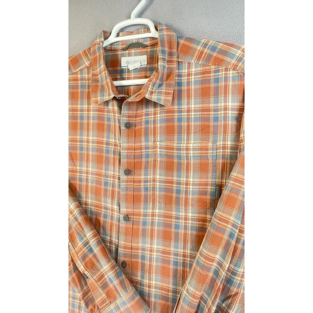 Columbia Button Front Shirt Mens XL Orange Plaid Long Sleeve Cotton Outdoor